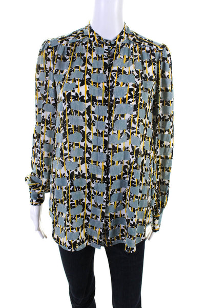 Reiss Womens Abstract Print Long Sleeve V Neck Button Down Blouse Blue Size 0
