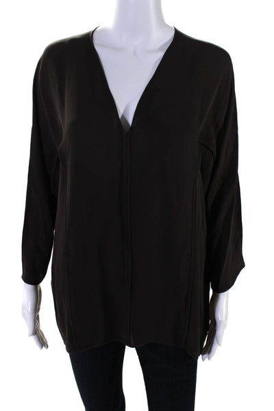Halston Heritage Womens Silk Long Sleeve V Neck Relaxed Blouse Brown Size XXS