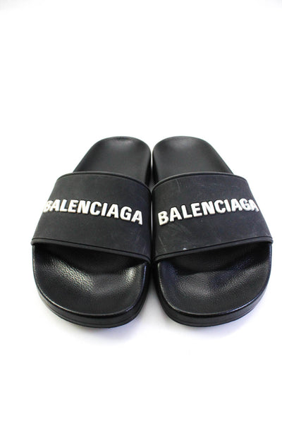 Balenciaga Womens Logo Print Rubber Flat Pool Slides Sandals Black Size 6
