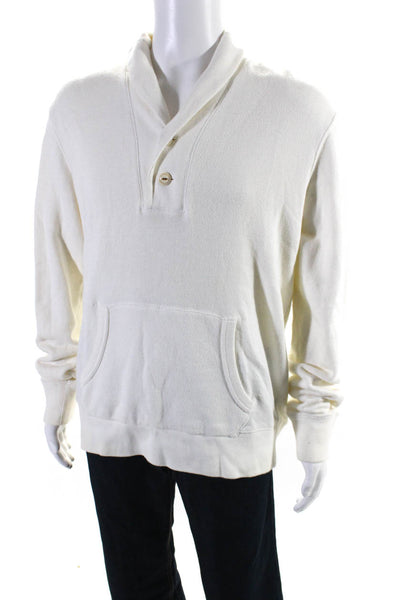 Vince Mens Pullover Two Button V Neck Sweatshirt White Cotton Size Large