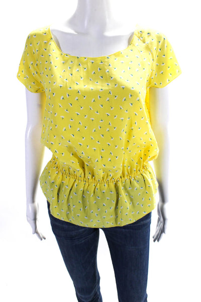 Joie Womens Yellow Silk Floral Print Scoop Neck Short Sleeve Blouse Top Size XS
