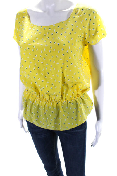 Joie Womens Yellow Silk Floral Print Scoop Neck Short Sleeve Blouse Top Size XS