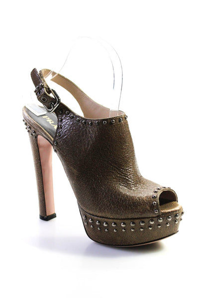 Prada Womens Studded Crackle Leather Slingback Peep Toe Sandals Brown 38.5 8.5