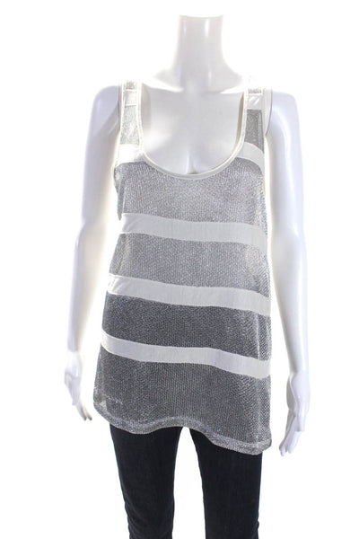 See by Chloe Womens White Silver Striped Scoop Neck Sleeveless Tank Top Size 4