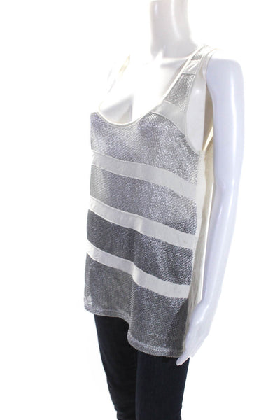 See by Chloe Womens White Silver Striped Scoop Neck Sleeveless Tank Top Size 4