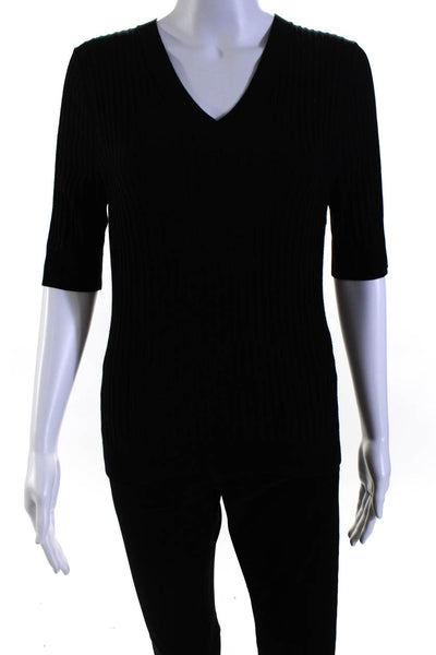 Elie Tahari Women's V-Neck Short Sleeves Ribbed Pullover Sweater Black Size S