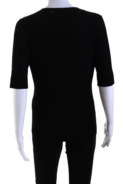 Elie Tahari Women's V-Neck Short Sleeves Ribbed Pullover Sweater Black Size S