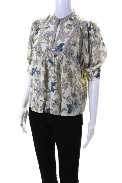 Ulla Johnson Womens Silk Short Sleeve V Neck Floral Print Blouse Beige Size 2