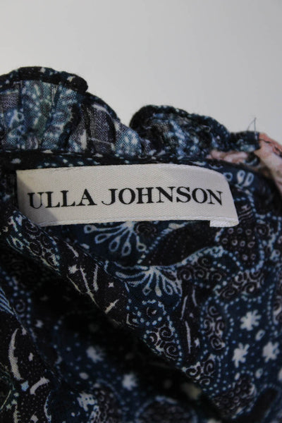Ulla Johnson Womens Cotton Abstract Print V Neck Short Sleeve Blouse Blue Size 2