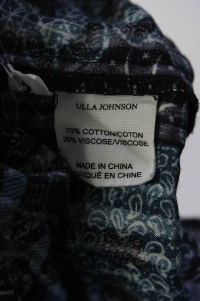 Ulla Johnson Womens Cotton Abstract Print V Neck Short Sleeve Blouse Blue Size 2