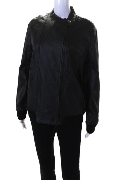 Mural Womens Leather 2 Pocket Round Neck Long Sleeve Zip Up Jacket Black Size M