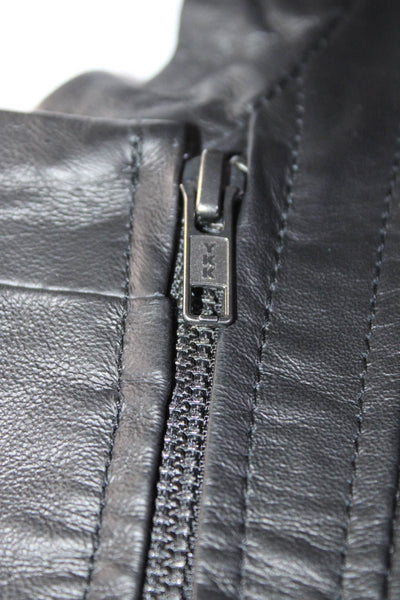 Mural Womens Leather 2 Pocket Round Neck Long Sleeve Zip Up Jacket Black Size M