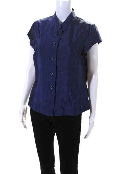 Rene Lezard Womens Striped Short Sleeve Button Up Blouse Top Purple Size 38