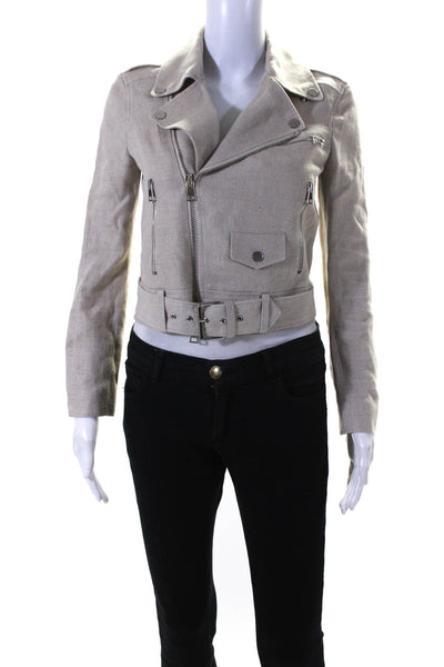 Theory Womens Linen Collared Belted Zip Up Asymmetrical Jacket Beige Size P