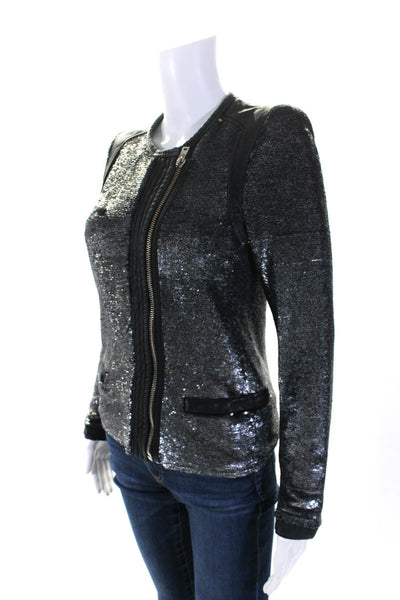IRO Womens Gray Silver Sequins Leather Trim Full Zip Long Sleeve Jacket Size 40