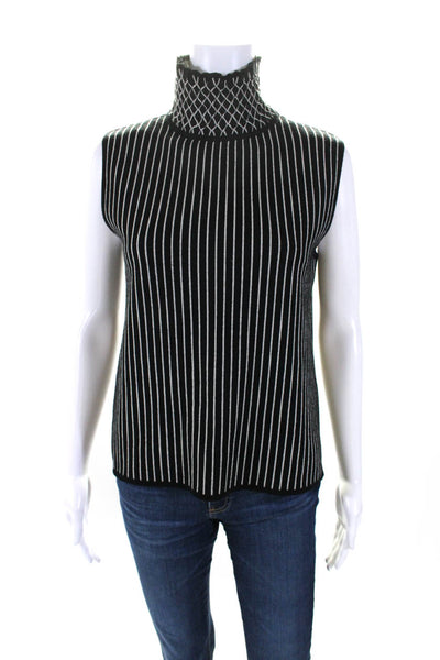Rena Lange Womens Striped Turtleneck Sweater Vest Black White Wool Size 14