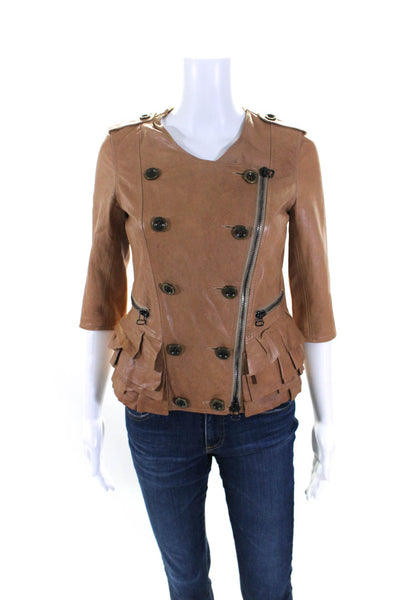 3.1 Phillip Lim Womens Front Zip Half Sleeve Tiered Leather Jacket Brown Size 2