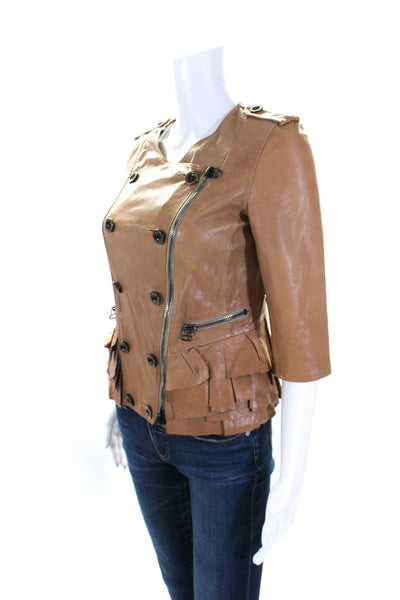 3.1 Phillip Lim Womens Front Zip Half Sleeve Tiered Leather Jacket Brown Size 2