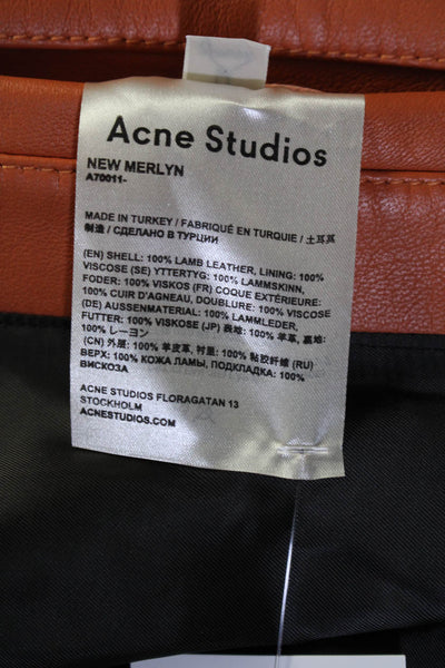 ACNE Studios Womens Front Zip Collared Leather Motorcycle Jacket Orange IT 38
