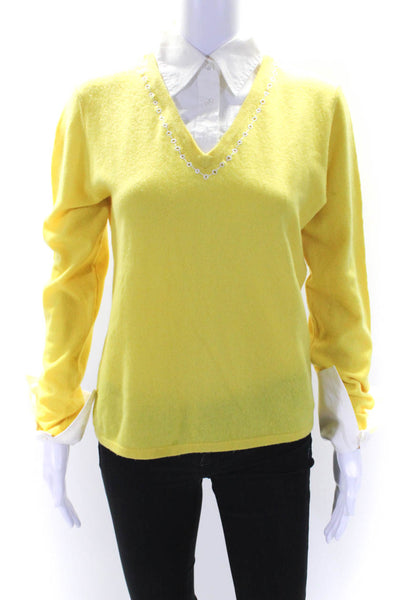 MAG By Magaschoni Womens Knit Collared Long Sleeve Blouse Top Yellow Size L