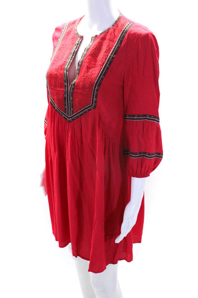 Ba&Sh Womens 3/4 Sleeve Pleated Hem Unlined Mini V-Neck Tunic Dress Red Size 6