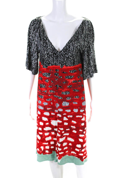 Balenciaga Womens Short Sleeve Knit Satin Herringbone Shift Dress Black Red FR40