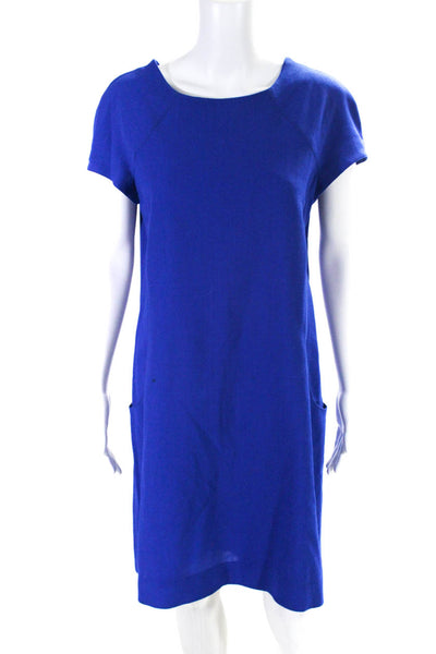Courreges Womens Short Sleeve Crew Neck Crepe Sheath Dress Blue Wool Size 8