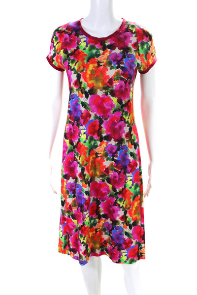 Leggiadro Womens Short Sleeve Watercolor Floral Knit Sheath Dress Multi Size 8