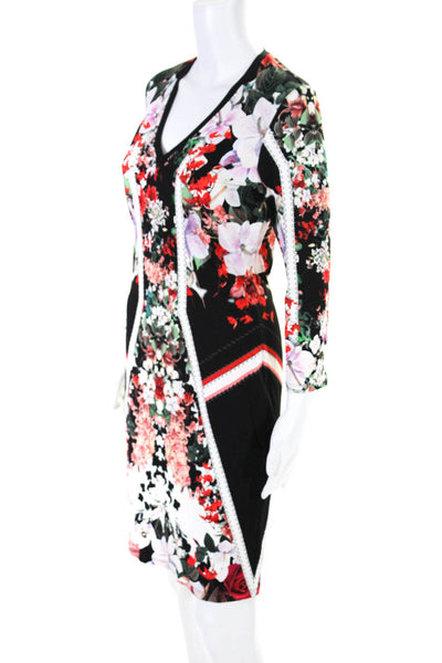 Roberto Cavalli Womens Floral V Neck Long Sleeve Sheath Dress Red Black IT 44