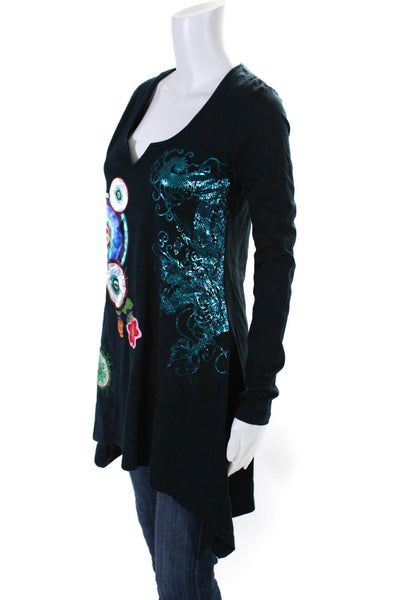 Desigual Womens Blue V-Neck Graphic Print Long Sleeve Tunic Blouse Top Size M