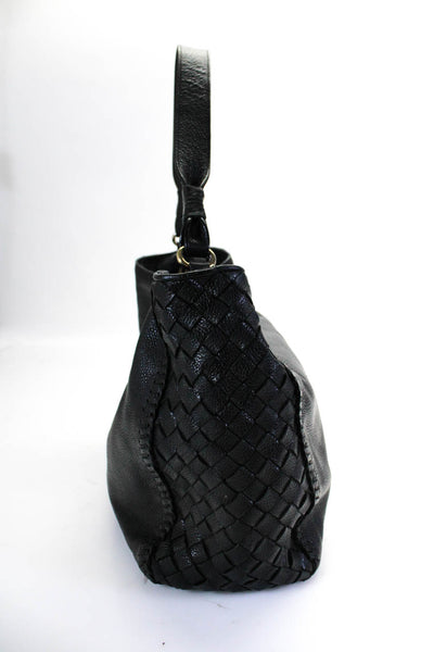Cole Haan Womens Leather Woven Detail Gold Tone Shoulder Handbag Black