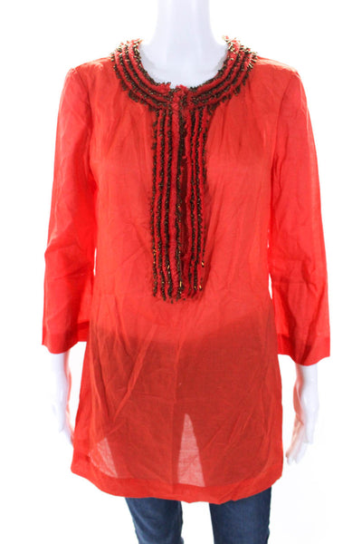 Tory Burch Womens Long Sleeve Beaded Fringe Trim V Neck Shirt Orange Size 10