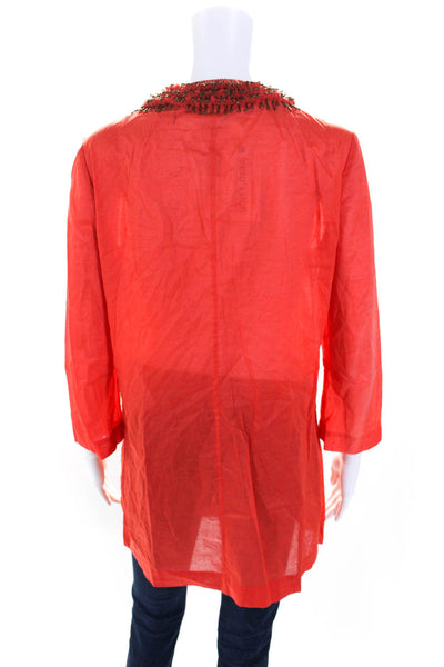 Tory Burch Womens Long Sleeve Beaded Fringe Trim V Neck Shirt Orange Size 10