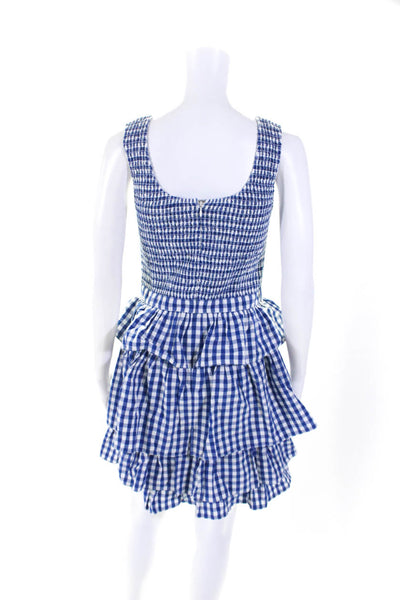 Rhode Womens Back Zip Smocked Tiered Gingham Dress Blue White Cotton Size 4