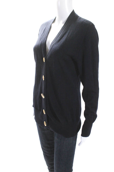 Tory Burch Womens Logo Button Front V Neck Cardigan Sweater Navy Wool Size Large
