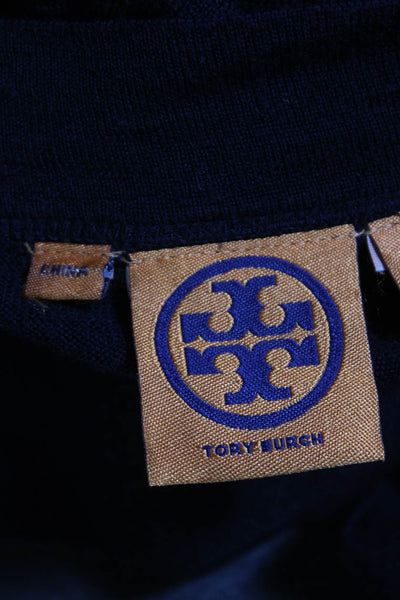 Tory Burch Womens Logo Button Front V Neck Cardigan Sweater Navy Wool Size Large