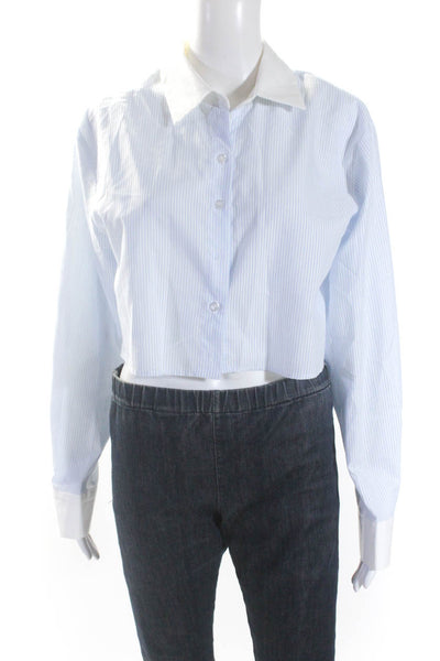 Cream Villa Womens Long Sleeve Stripe Button Up Crop Shirt Blouse Blue Small
