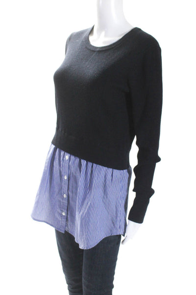 Veronica Beard Womens Stripe Poplin Hem Crew Neck Sweater Black Blue Size Medium