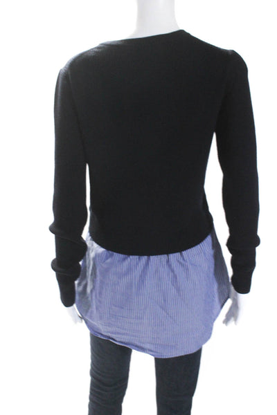 Veronica Beard Womens Stripe Poplin Hem Crew Neck Sweater Black Blue Size Medium