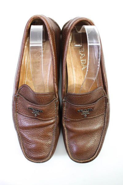 Prada Mens Brown Leather Slip On Driving Loafer Shoes Size 8