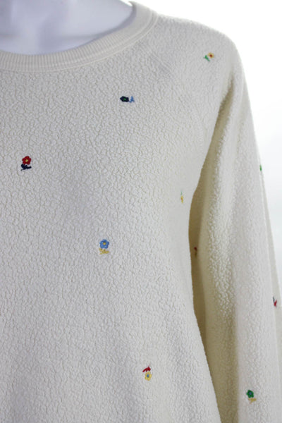 The Great Womens Embroidered Flower Fleece Crew Neck Sweatshirt White Size 1