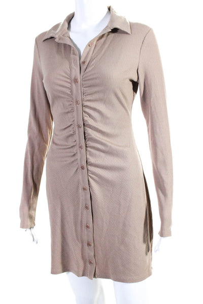 Reformation Womens Ribbed V-Neck Collared Ruched Buttoned Dress Brown Size M