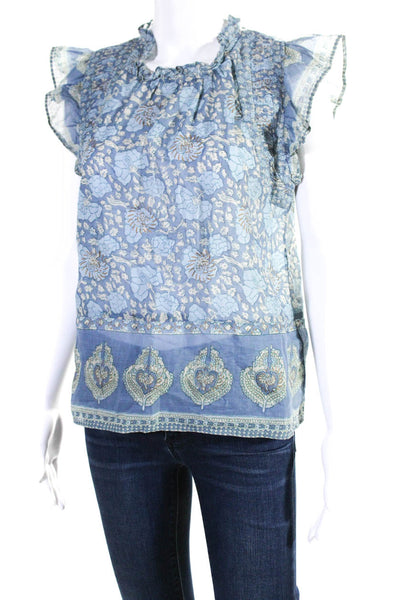 Sea New York Womens Floral Print Short Sleeves Blouse Blue Size Extra Small