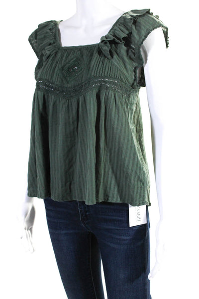 Ba&Sh Womens Short Sleeves Babydoll Blouse Green Cotton Size Extra Small