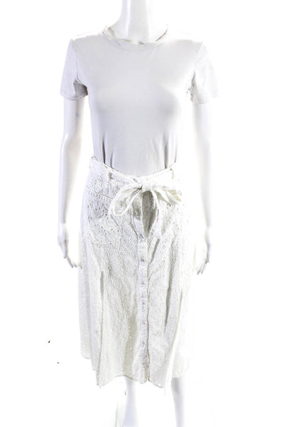Tularosa Womens Button Front Belted Eyelet A Line Skirt White Cotton Size Small