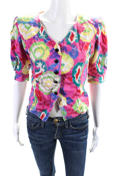 Ungaro Womens Pink Multicolor Printed V-Neck Short Sleeve Blouse Top Size 40