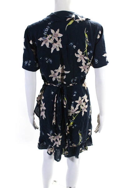 Paige Womens Chiffon Floral Printed Short Sleeve Wrap Dress Navy Blue Size L
