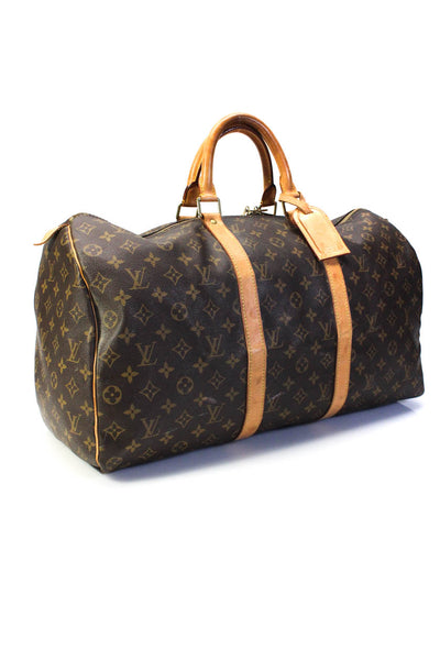 Louis Vuitton Womens Brown Leather Monogram Canvas Keepall 50 Duffle Bag Handbag