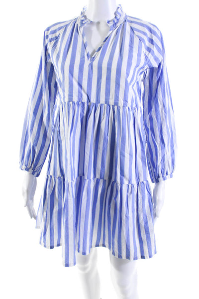 J Crew Womens Cotton Striped Print V-Neck Mini Tiered Dress Blue White Size 2XS