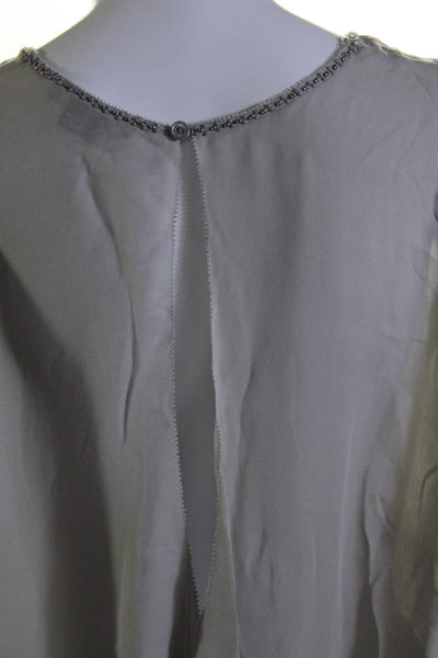Vince Women's Round Neck Beaded Cutout Back Sleeveless Silk Blouse Gray Size L